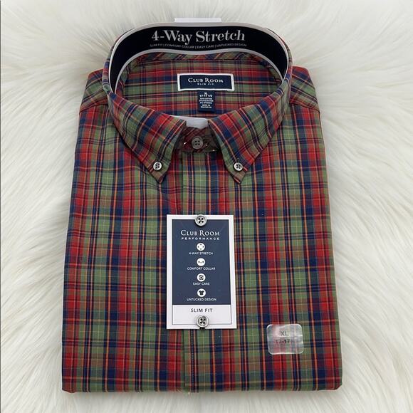 Club Room Performance Slim Fit Long Sleeve - Green/Blue Plaid - XL - NWT - Picture 1 of 4